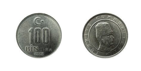 Turkish 100 bin lira from 2002 coin obverse and reverse with the bust of Mustafa Kemal Atatürk.