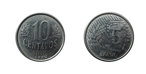Obverse and reverse of 10 centavos coin of 1994 from Brazil.