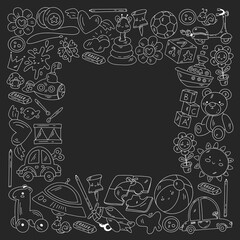 Kindergarten and toys. Little children game. Kids playground. Education, creativity, imagination.