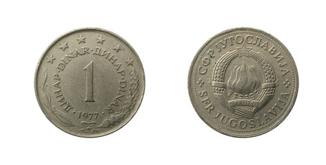 1 Dinar coin from 1977, Jugoslavia, obverse and reverse. - obrazy, fototapety, plakaty