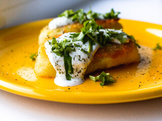 Potato patties (zrazy) stuffed with onion and mushrooms, served with greenery (cilantro), spices and cream sauce. 