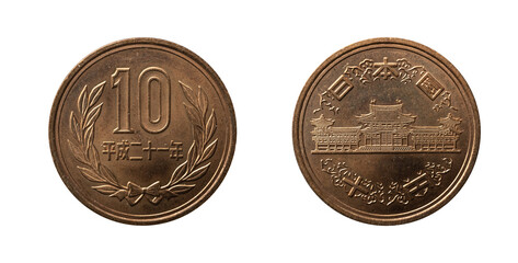 Hōōdō Temple, Byōdō-in on 10 Yen coin obverse and reverse from Japan, 21st year of Heisei era.