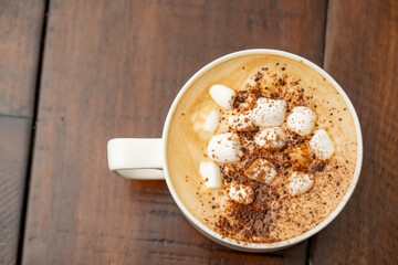 Overhead photo mug of hot chocolate cocoa with marshmallows