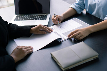 Recruitment, contract and business employment concept. HR review the profile resume of the job applicant. Business employment and human resource management concept.