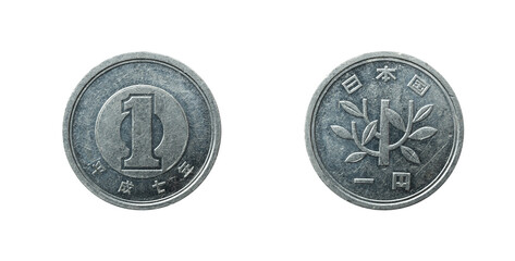 Japan 1 Yen coin macro isolated shot, obverse and reverse. Coined in Heisei 7 or 1995.