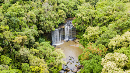 Wiegand River Waterfall - José boiteux. Aerial view of beautiful waterfall in the middle of the...
