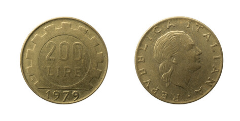 200 Lire coin of Italy of the year 1979, obverse and reverse.