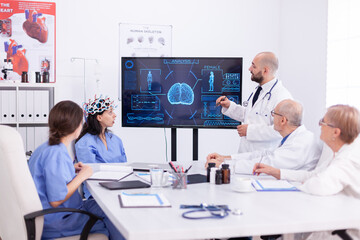 Nurse wearing headset with sensors during neuoroscience experiment in medical conference team. Monitor shows modern brain study while team of scientist adjusts the device.