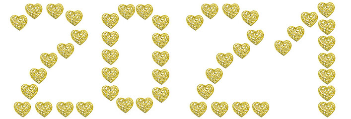 New year's numbers 2021 from Golden hearts isolated on a white background. Blank for postcards, greetings, new year's decor and decoration.