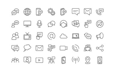 set of communication thin line icons, social, community, bubble speech
