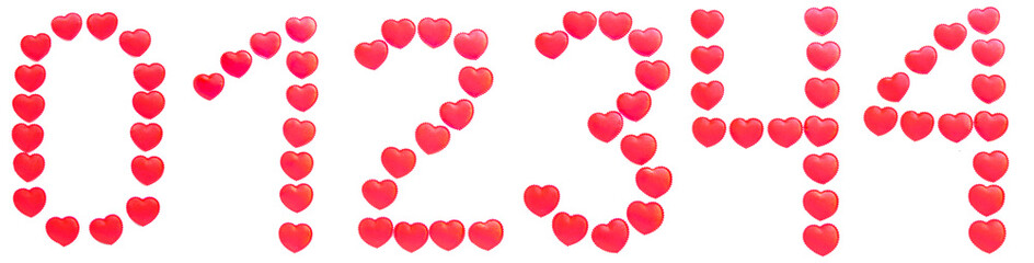 Set of digits - zero, one, two, three, four is made up of small red hearts isolated on a white background. Bright red font.