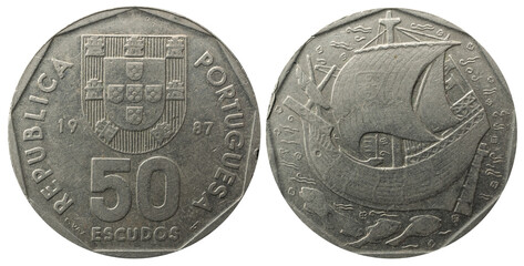 50 Escudos coin from 1987 Portugal obverse and reverse with a ship embossed on it.