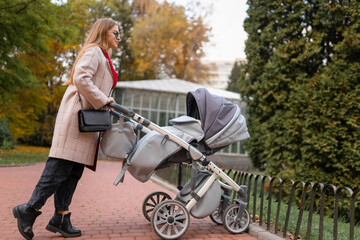 Mom with stroller walking in park