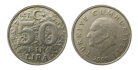 50 bin lira coin from Turkey, year 2000, obverse and reverse.