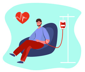 Blood Transfusion and Donate Blood.Volunteer Donating Blood and Transfusion Donation Laboratory in Coronavirus.World Blood Donor Day.Doctor Carrying Test Tubes with Lifeblood.Flat Vector Illustration
 - obrazy, fototapety, plakaty
