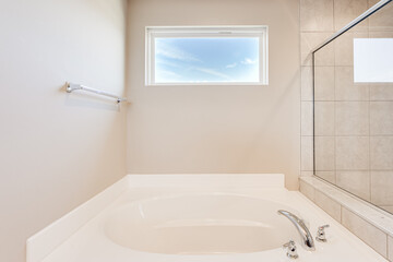modern soaking tub has been installed into a remodeled bathroom