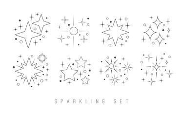 Linear twinkle Stars. Shine Sparkles. Various shapes. Minimalistic Icons. Elegant thin line simple geometric design. Party, celebration concept. Trendy Vector set. All elements are isolated on white