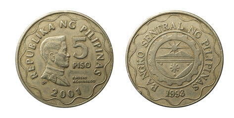 5 Piso coin from Philippines of the year 2001 with the head of Emilio Aguinaldo.