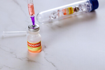 Vaccine to fight the of Covid-19 Coronavirus SARS-CoV-2 in bottle sterile vial and syringe