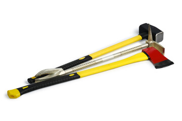 Large yellow axe, sledgehammer and hooligan forcible entry bar from fireman's toolbox isolated on...