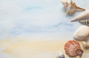 Sea shells on the pastel watercolor background. Top view with copy space