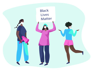 African American Protesters with Black Lives Matter Placards,Posters,Megaphone Speaker and Loudspeaker Protesting on Strike or Demonstration.No Racism Concept.Fight for Rights.Vector Illustration