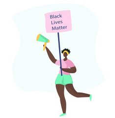African American Protesters with Black Lives Matter Placards,Posters,Megaphone Speaker and Loudspeaker Protesting on Strike or Demonstration.No Racism Concept.Fight for Rights.Vector Illustration