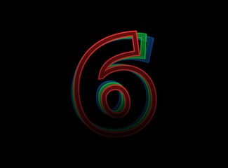 6 number vector desing, Rgb color font logo. Dynamic split red, green, blue color, outline stroke layer style on black background. For social media,design elements, creative poster, web template