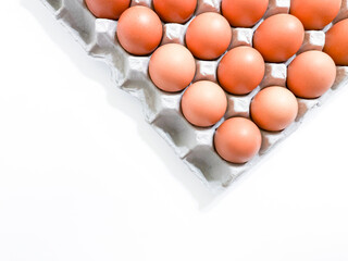 eggs in paper tray isolated on white background close up