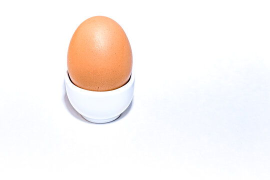 One single orange farm spotted brown egg stands in an egg holder on white background.