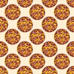 Top view of brown raisins (dried yellow grape) in round wooden bowl repeat seamless pattern on light background.