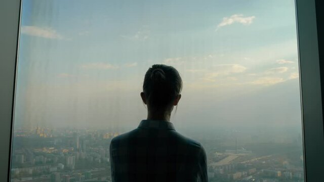 Back view of pensive woman silhouette looking at cityscape through window of skyscraper. Summer time, cloudy, daylight. Success, dramatic, opportunity, sightseeing, discover and future concept