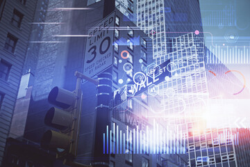 Data theme hologram drawing on city view with skyscrapers background multi exposure. Bigdata...