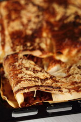 Freshly baked lasagna in baking tray. Making Lasagna Bolognese Series.