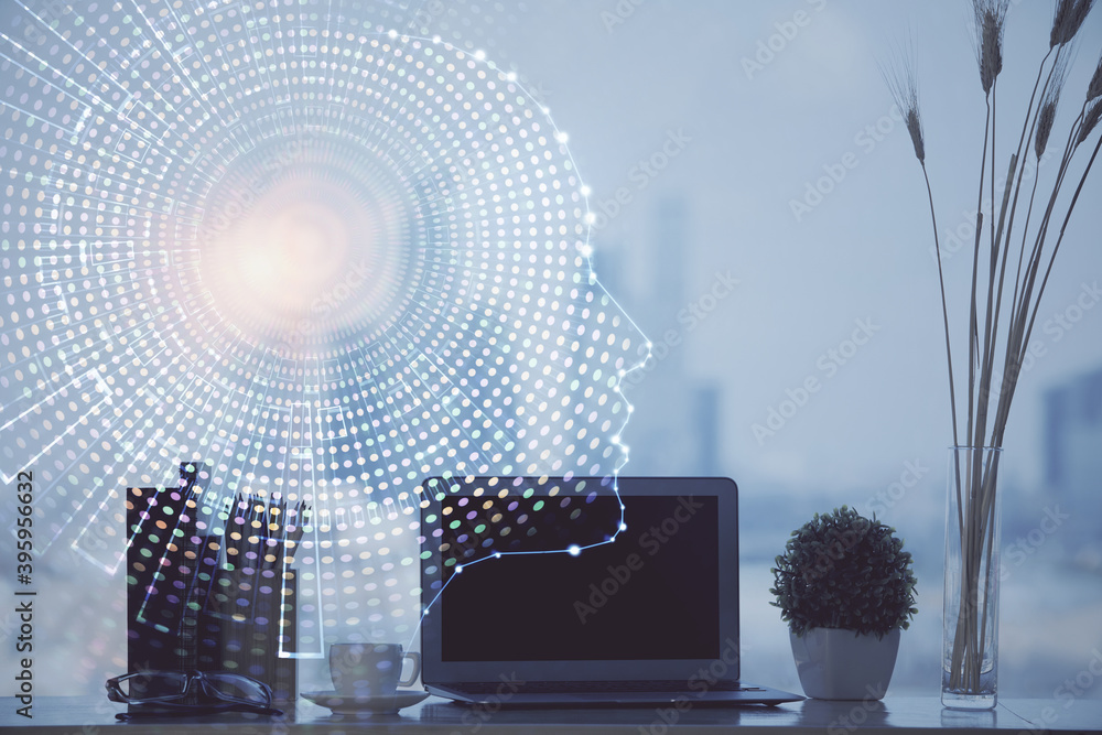Poster double exposure of desktop with computer and brain drawing hologram. artificial intelligence concept