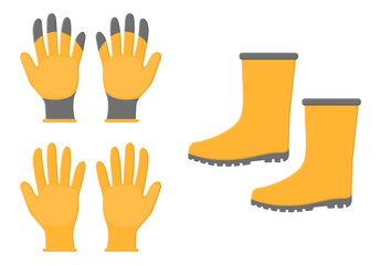 Yellow rubber boots and gloves isolated on white background. Gardening tools. Vector illustration in cartoon style for your design.