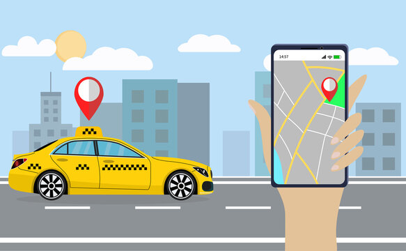 Taxi service. Taxi from the phone, online. Geolocation. Taxi advertising. Vector illustration
