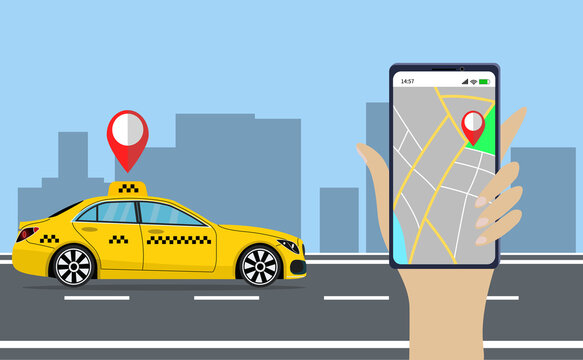 Taxi service. Taxi from the phone, online. Geolocation. Taxi advertising. Vector illustration