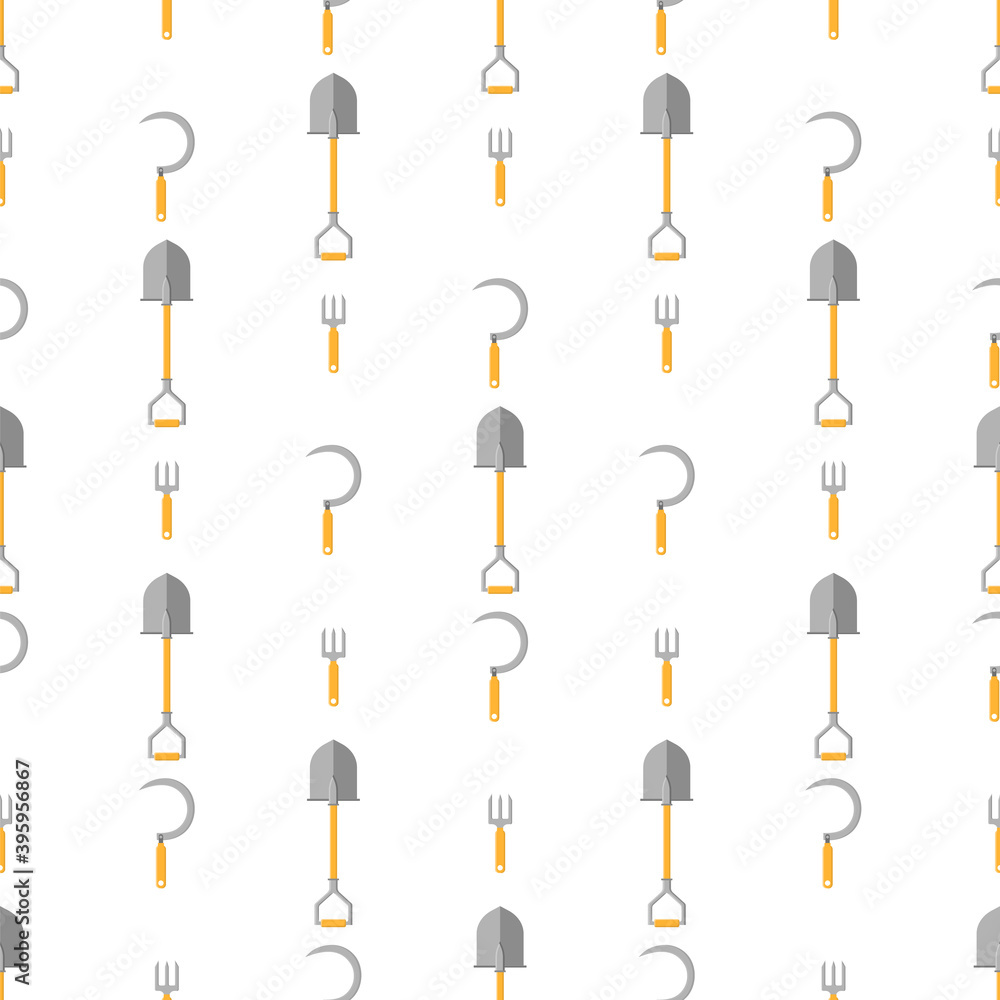 Wall mural Seamless pattern with cartoon hand sickle, small pitchfork, shovel on white background. Gardening tool. Vector illustration for any design.