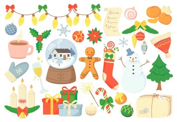 Cozy doodle Christmas elements decoration and symbol set. Gift, christmas globe, snowman, gingerbread man, Christmas tree and toys. Winter holidays concept. Stock vector illustration in cartoon style.