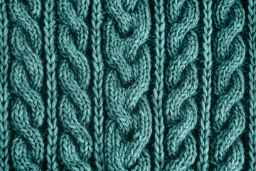 Tidewater green colored knitted texture. Handmade Knitwear. Background.