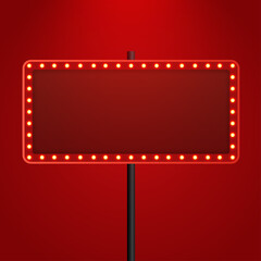 Retro light bulb or light vintage signboard on red background. Vector illustration