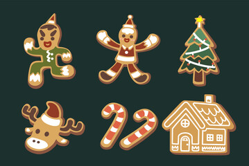 Set of cute elf, gnome, reindeer, santa Claus candy cane, house Christmas tree gingerbread cartoon character flat vector illustration isolated with background. Merry Christmas and Happy New Year