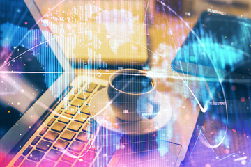 Obraz premium Multi exposure of business theme icons and work space with computer background. Concept of success.