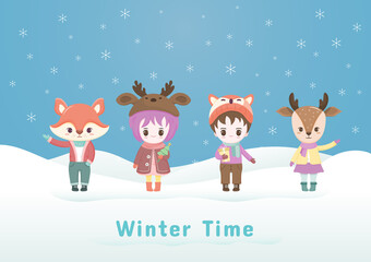 Christmas cartoon character in the winter background with snowflake.