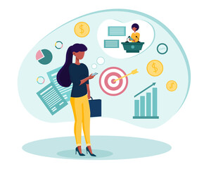 Female character standing and watching political and financial news on smartphone. Abstract concept of news mobile application. Flat cartoon vector illustration