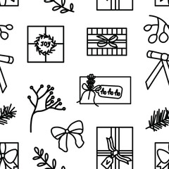 Seamless vector Christmas pattern with gifts, bows and fir branches drawn in doodle style. Simple Christmas background in cartoon style.

