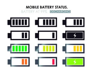 Vector image. Charging battery icon. Different states of charge. Black background.