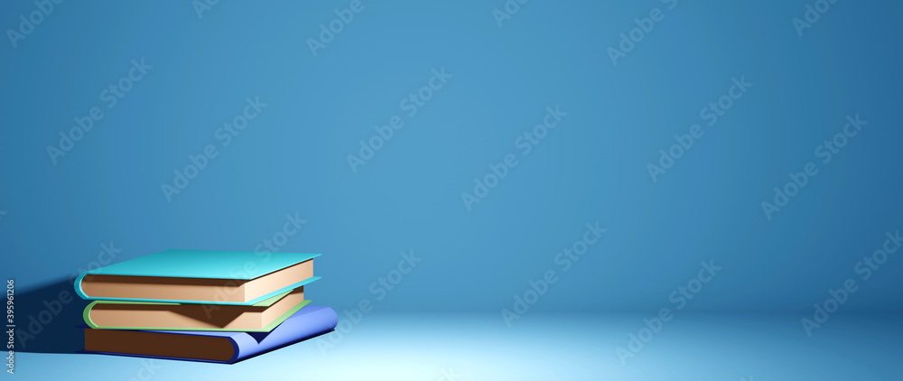 Aufkleber 3d rendering of colorful books on isolated blue background. there is a blank space for text. educati