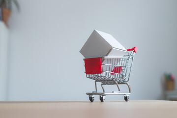Concept of online shopping: Little shopping cart on white box